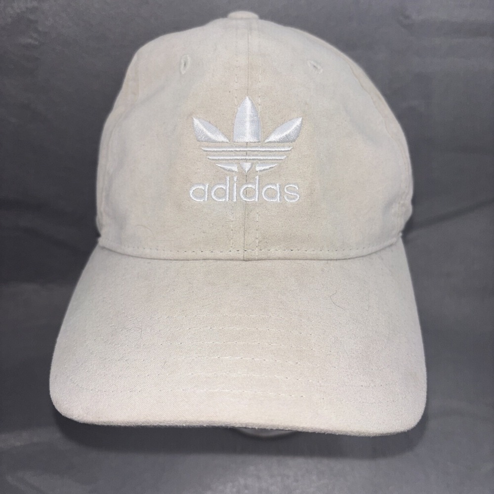Adidas‎ Faux Suede Beige Baseball Cap Adjustable Strap Back Trefoil Classic EUC